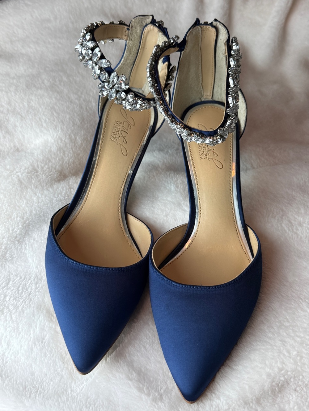 Jewel Badgley Mischka Ollie Satin Crystal Evening Pumps in Navy Blue Sz 7.5